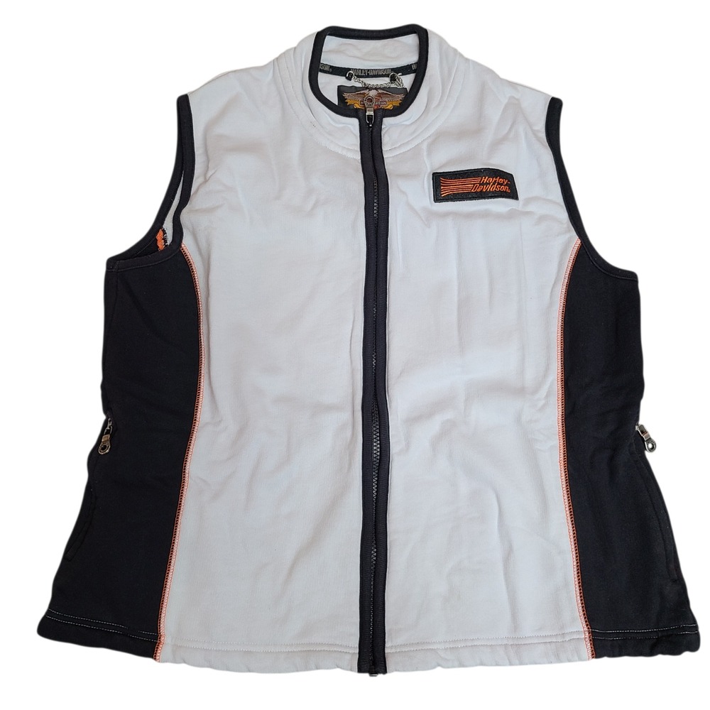Harley Davidson Fleece Sleeveless Zip Up White Black Vest Women's XLarge Pockets